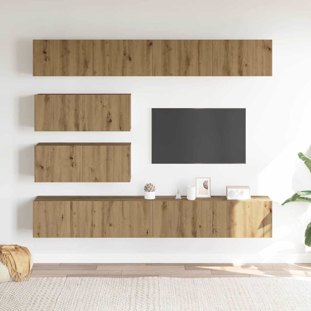 Ensemble de meubles TV 6 pièces, fixation murale, en bois de chêne artisanal