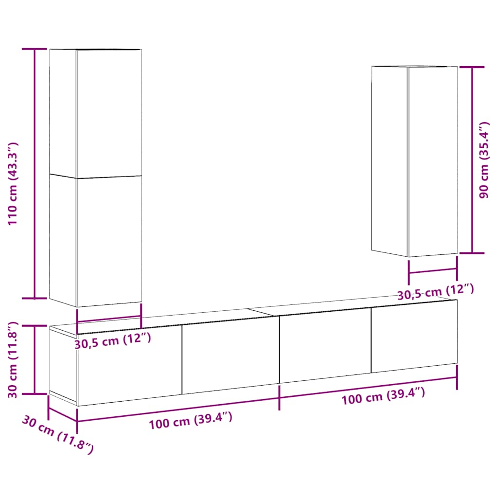 4-tlg. TV-Schrank-Set Wandmontage Altholz-Optik Holzwerkstoff