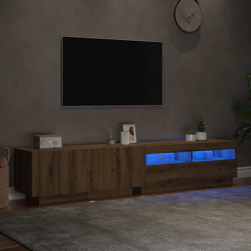 Meuble TV avec éclairage LED Chêne artisanal 200x35x40 cm