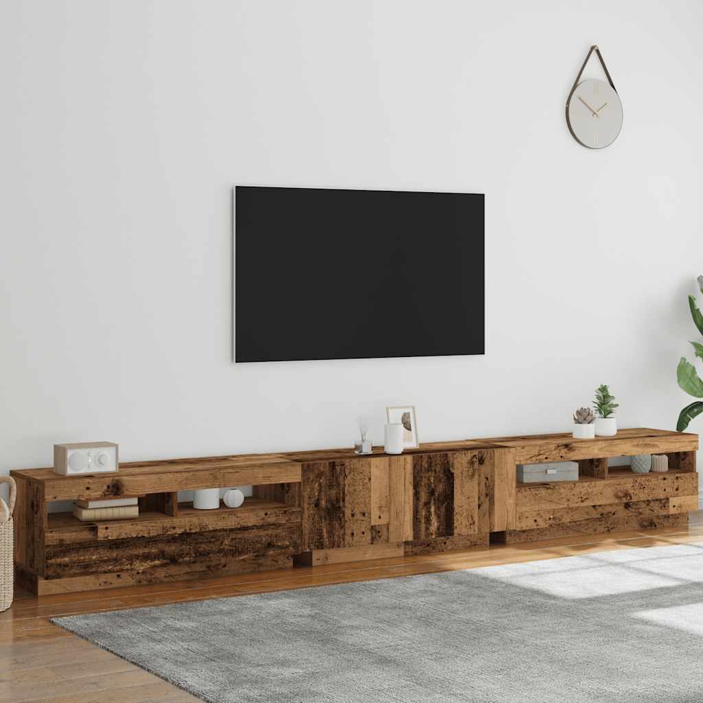 Meuble TV avec éclairage LED, aspect bois récupéré, 300x35x40 cm