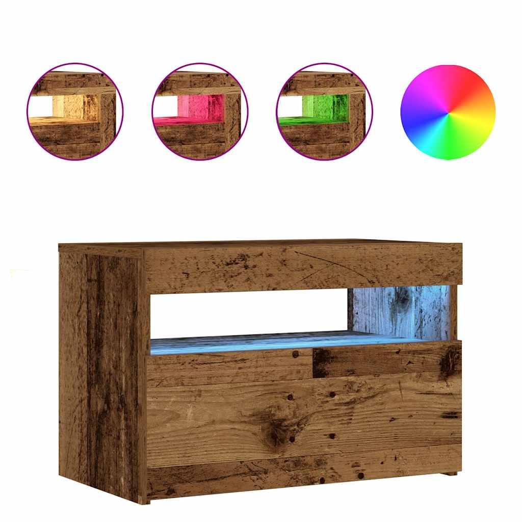 Bedside table with LED lights, reclaimed wood look, 60x35x40 cm