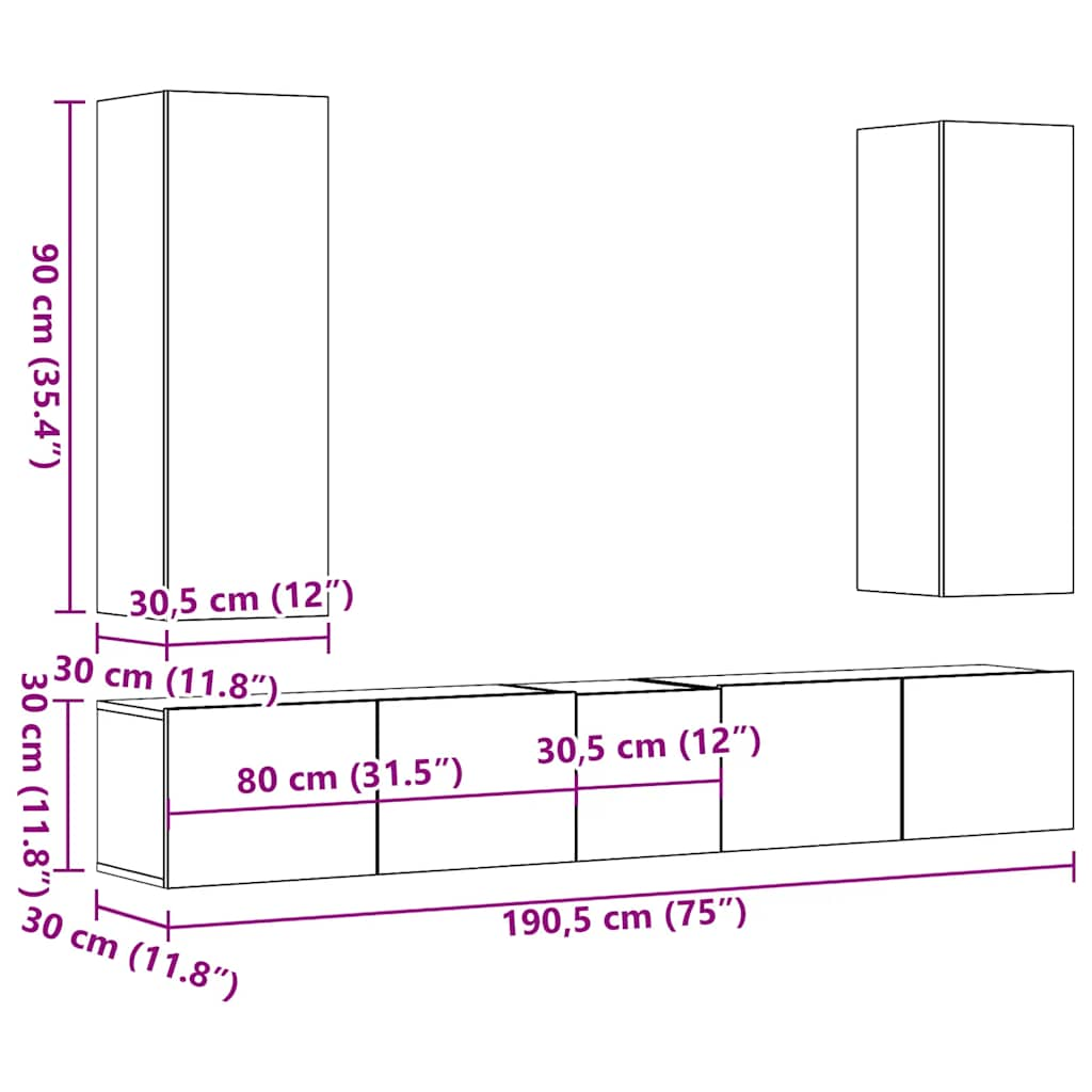 5-tlg. TV-Schrank-Set Wandmontage Altholz-Optik Holzwerkstoff