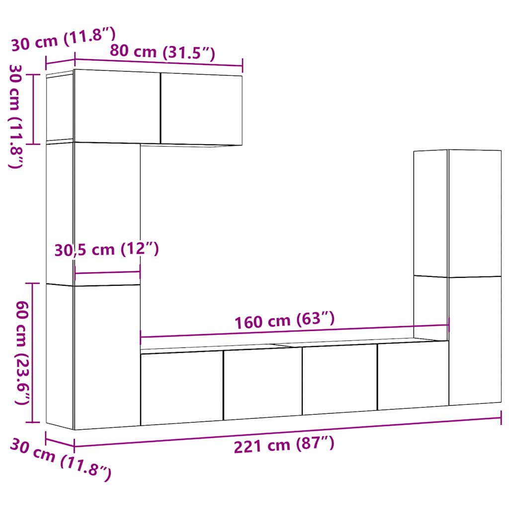 5-tlg. TV-Schrank-Set Wandmontage Altholz-Optik Holzwerkstoff