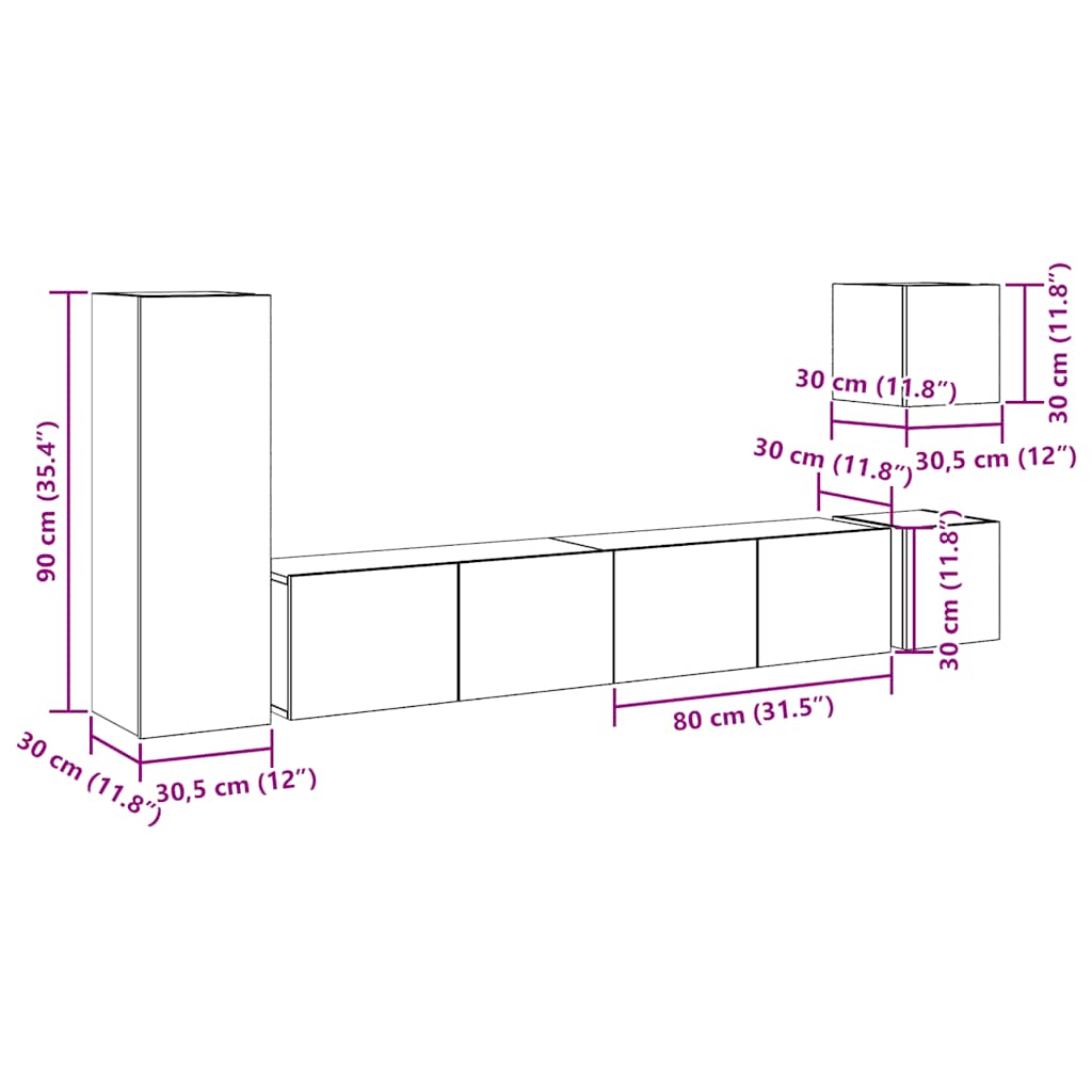 5-tlg. TV-Schrank-Set Wandmontage Altholz-Optik Holzwerkstoff