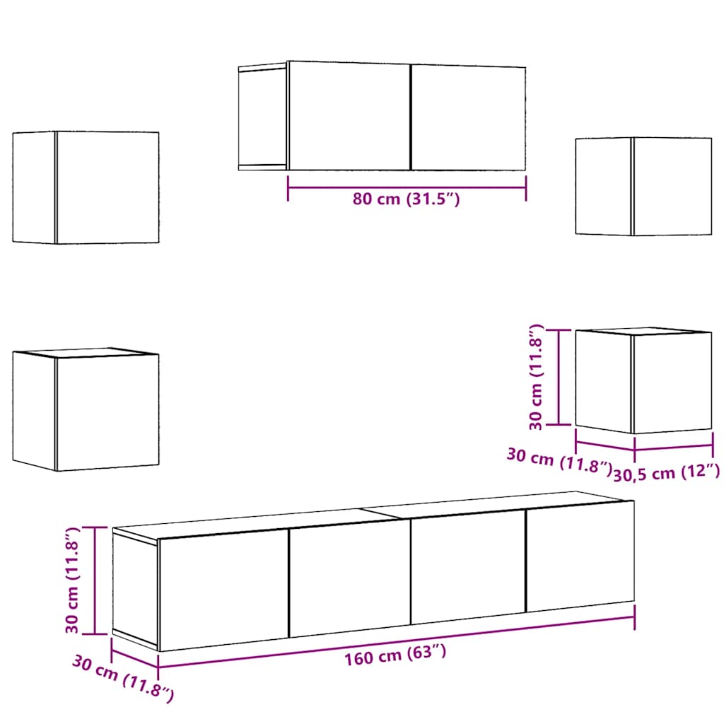 5-teiliges TV-Schrank-Set Wandmontage aus altem Holz