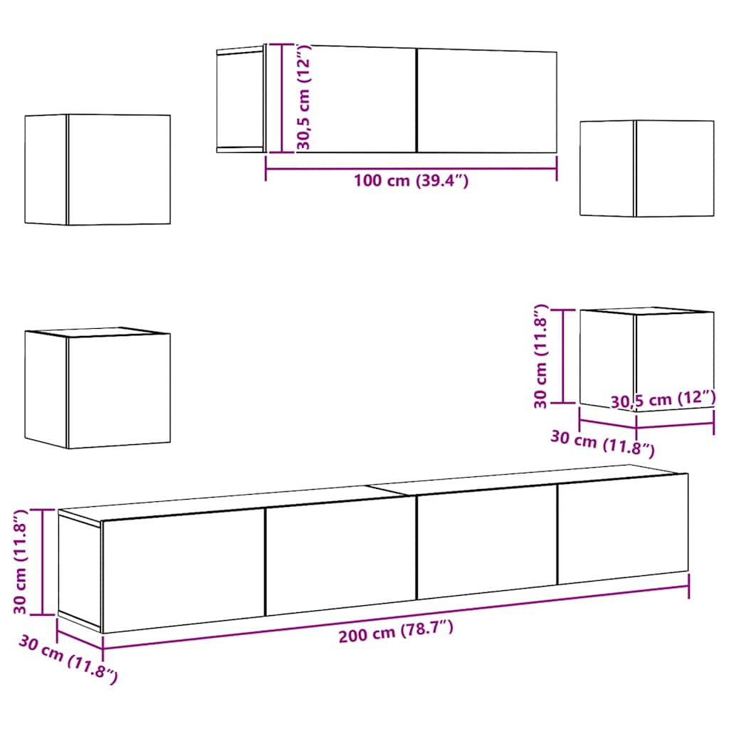 7-tlg. TV-Schrank-Set Wandmontage Altholz-Optik Holzwerkstoff