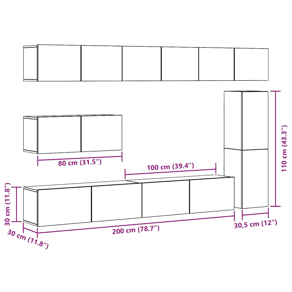 7-tlg. TV-Schrank-Set Wandmontage Altholz-Optik Holzwerkstoff