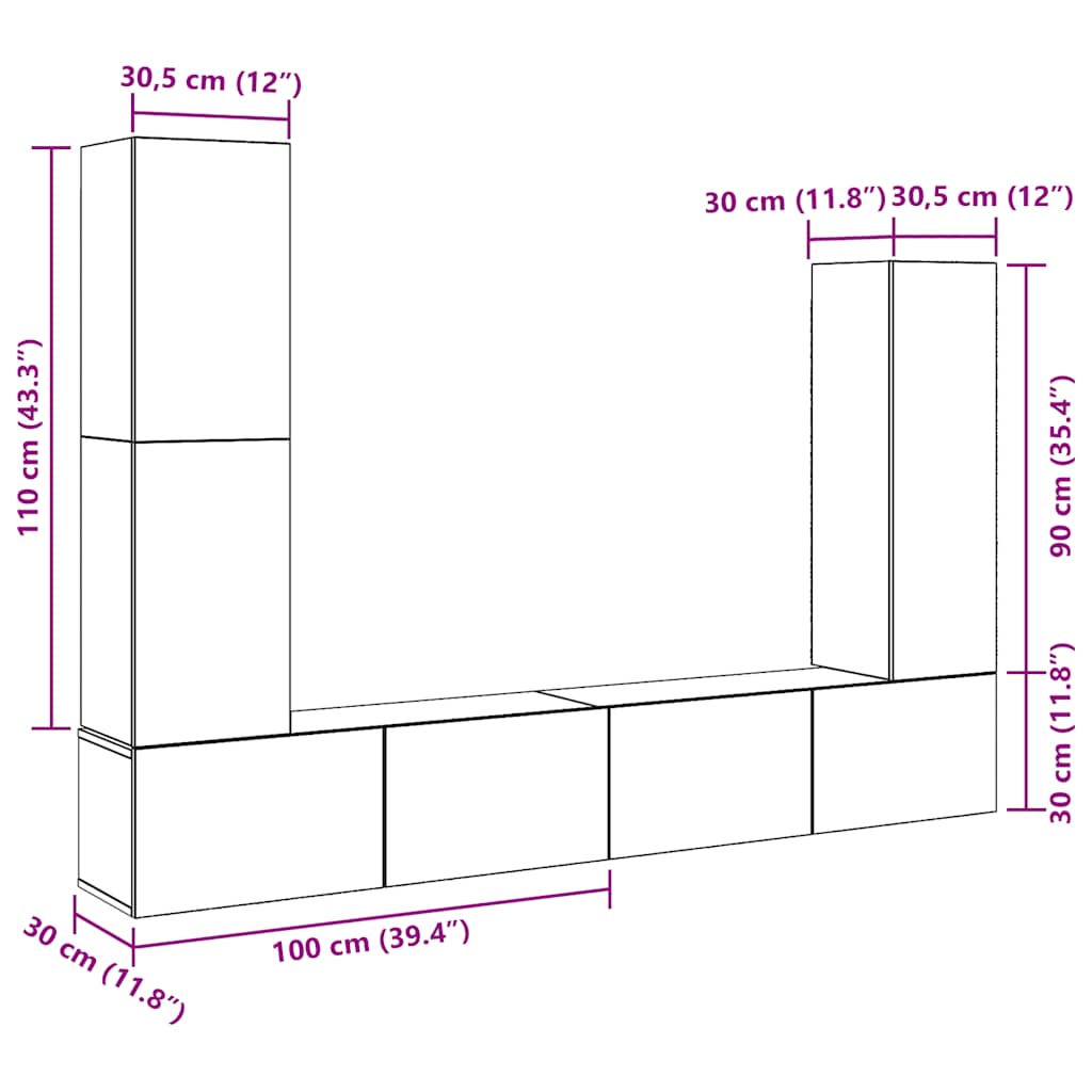 4-tlg. TV-Schrank-Set Wandmontage Altholz-Optik Holzwerkstoff