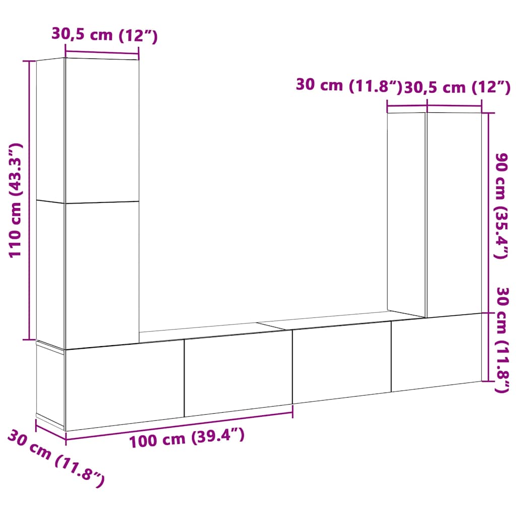 4-tlg. TV-Schrank-Set Wandmontage Altholz-Optik Holzwerkstoff