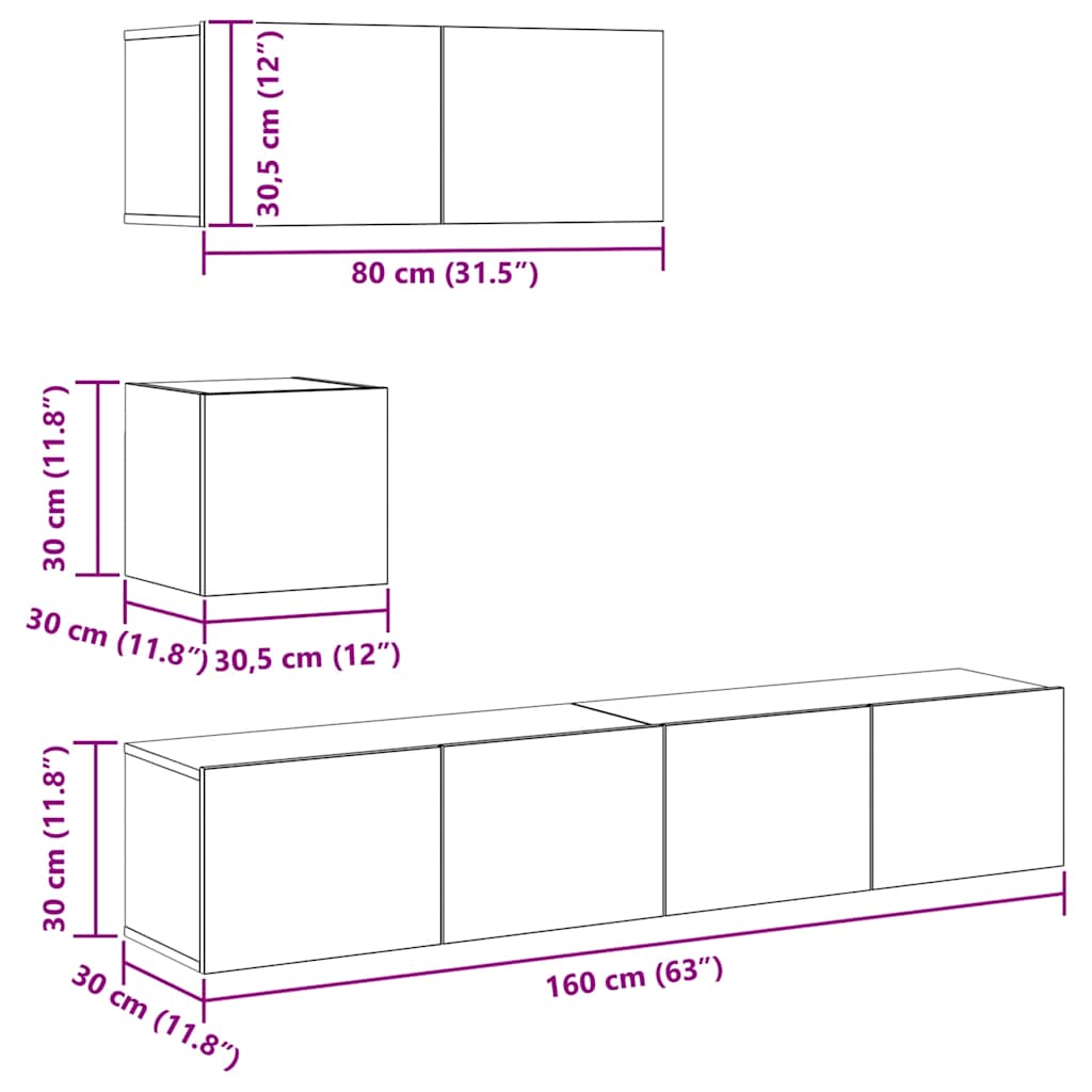 4-tlg. TV-Schrank-Set Wandmontage Altholz-Optik Holzwerkstoff