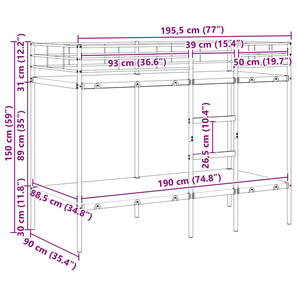 Etagenbett ohne Matratze Schwarz 90x190 cm Stahl