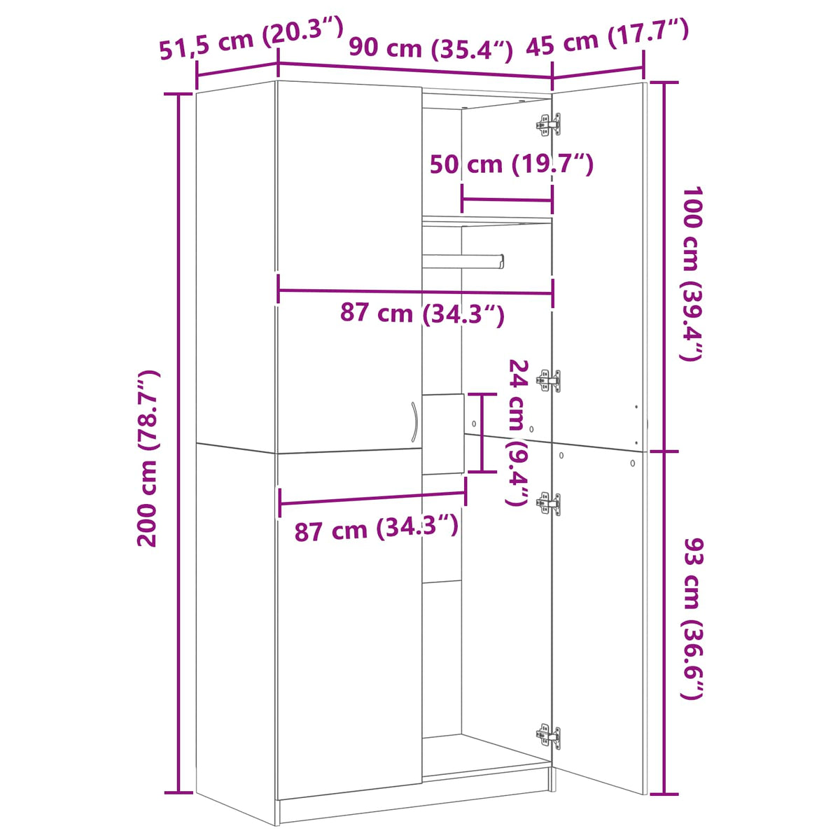 Kleiderschrank Schwarz Eichen-Optik 90 x 52 x 200 cm