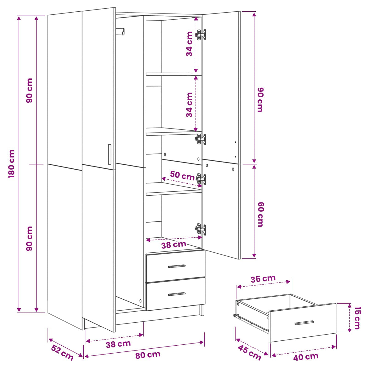 Kleiderschrank Schwarz Eichen-Optik 80 x 52 x 180 cm