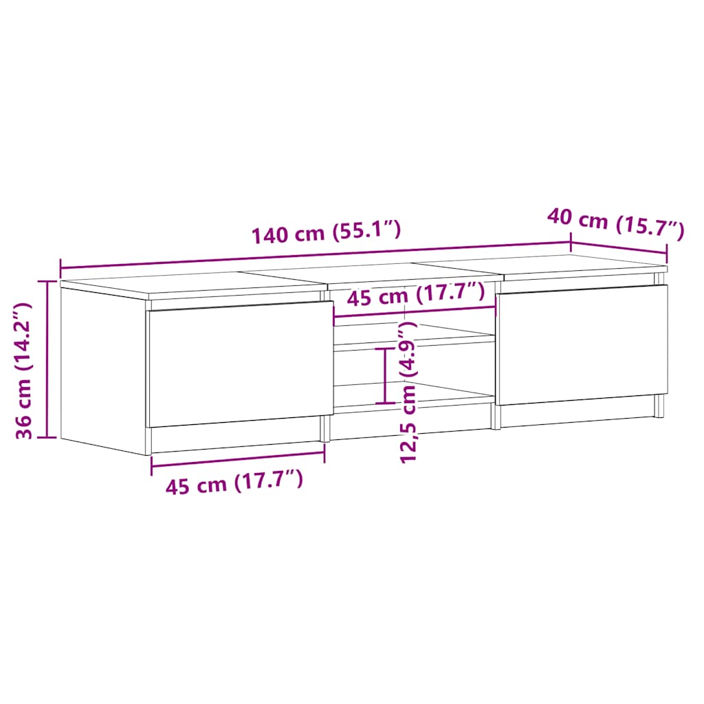 Meuble TV aspect chêne noir 140x40x36 cm matériau bois