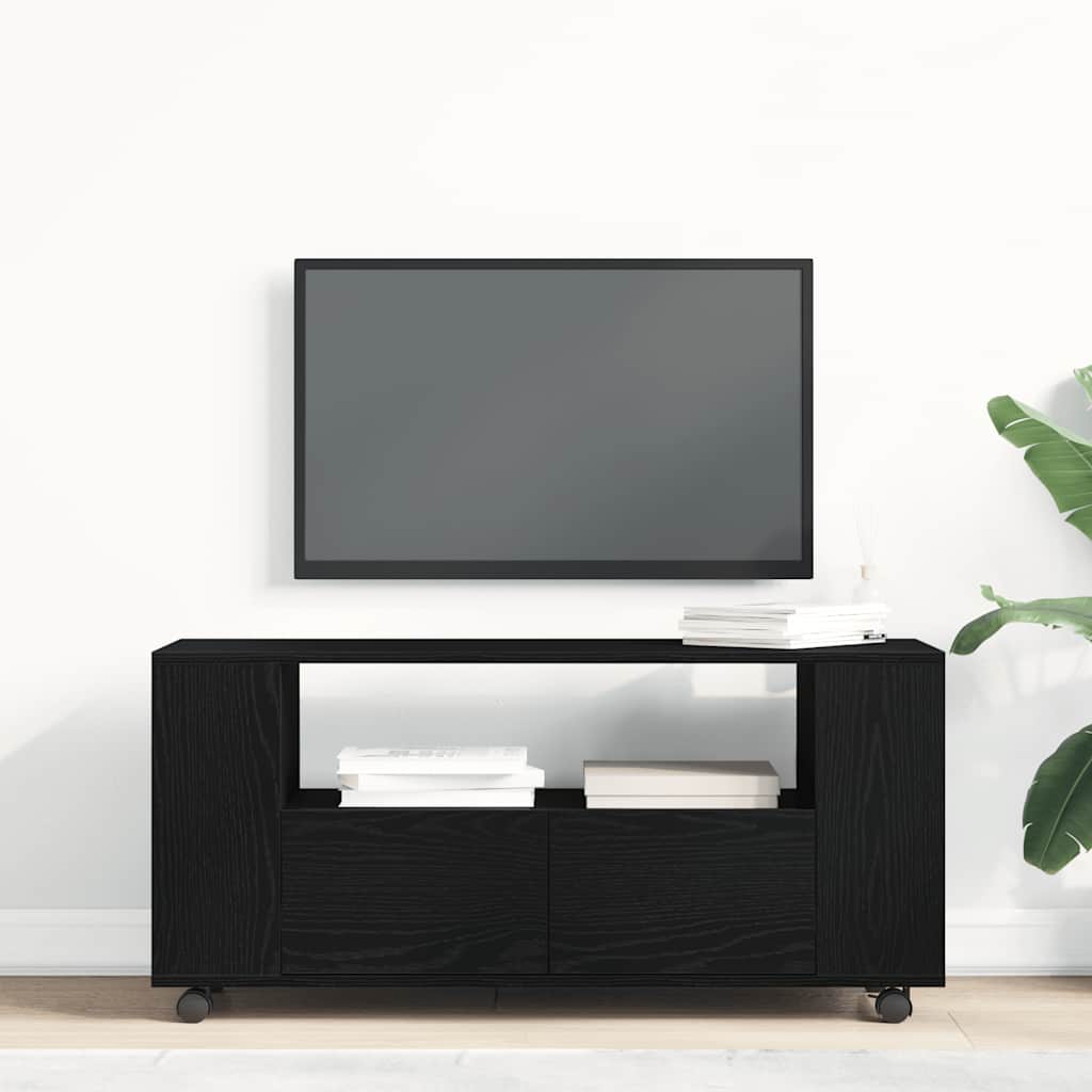 Meuble TV à roulettes, aspect chêne noir, 102 x 34,5 x 43 cm