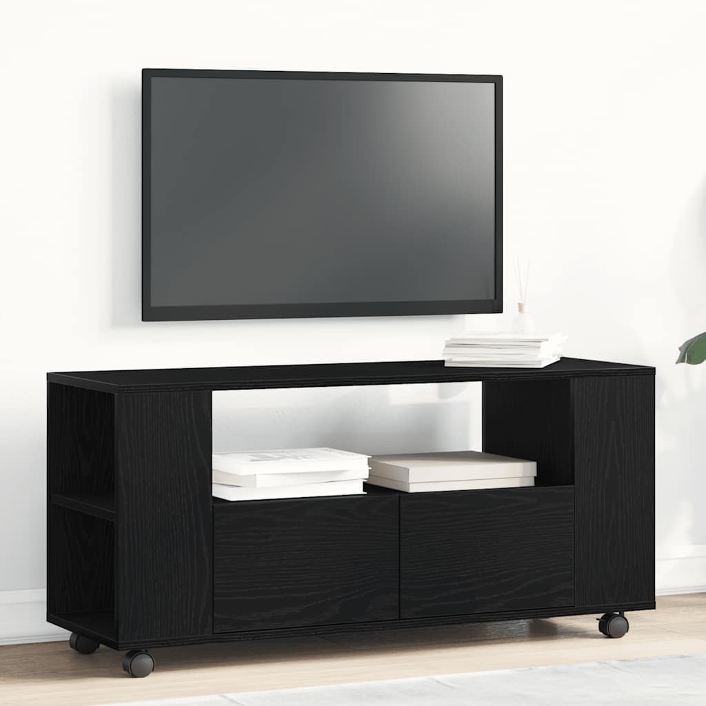 Meuble TV à roulettes, aspect chêne noir, 102 x 34,5 x 43 cm