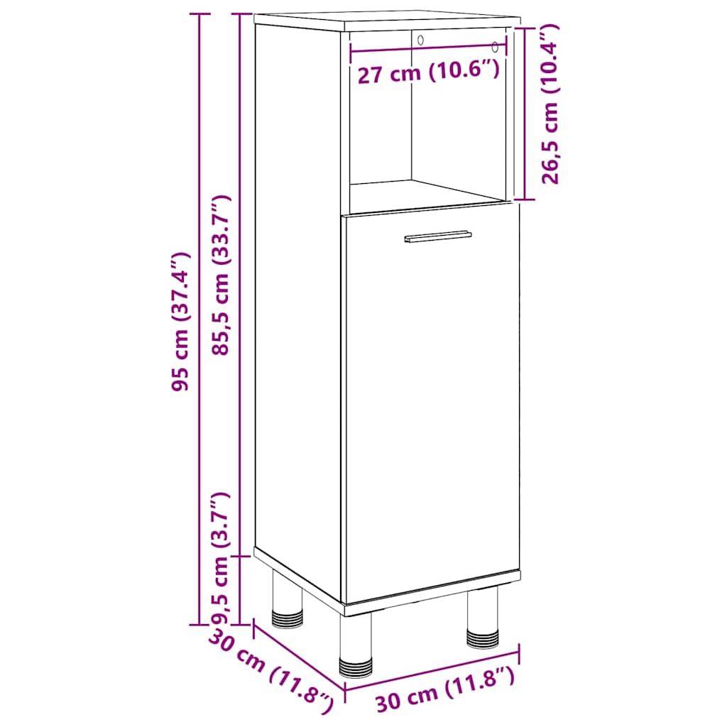 Badezimmerschrank Schwarz Eichen-Optik 30 x 30 x 95 cm