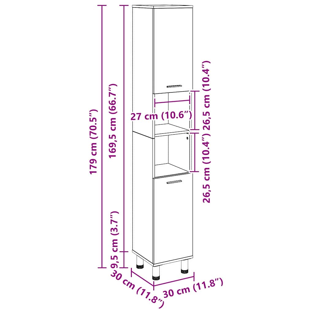 Badezimmerschrank Schwarz Eichen-Optik 30 x 30 x 179 cm