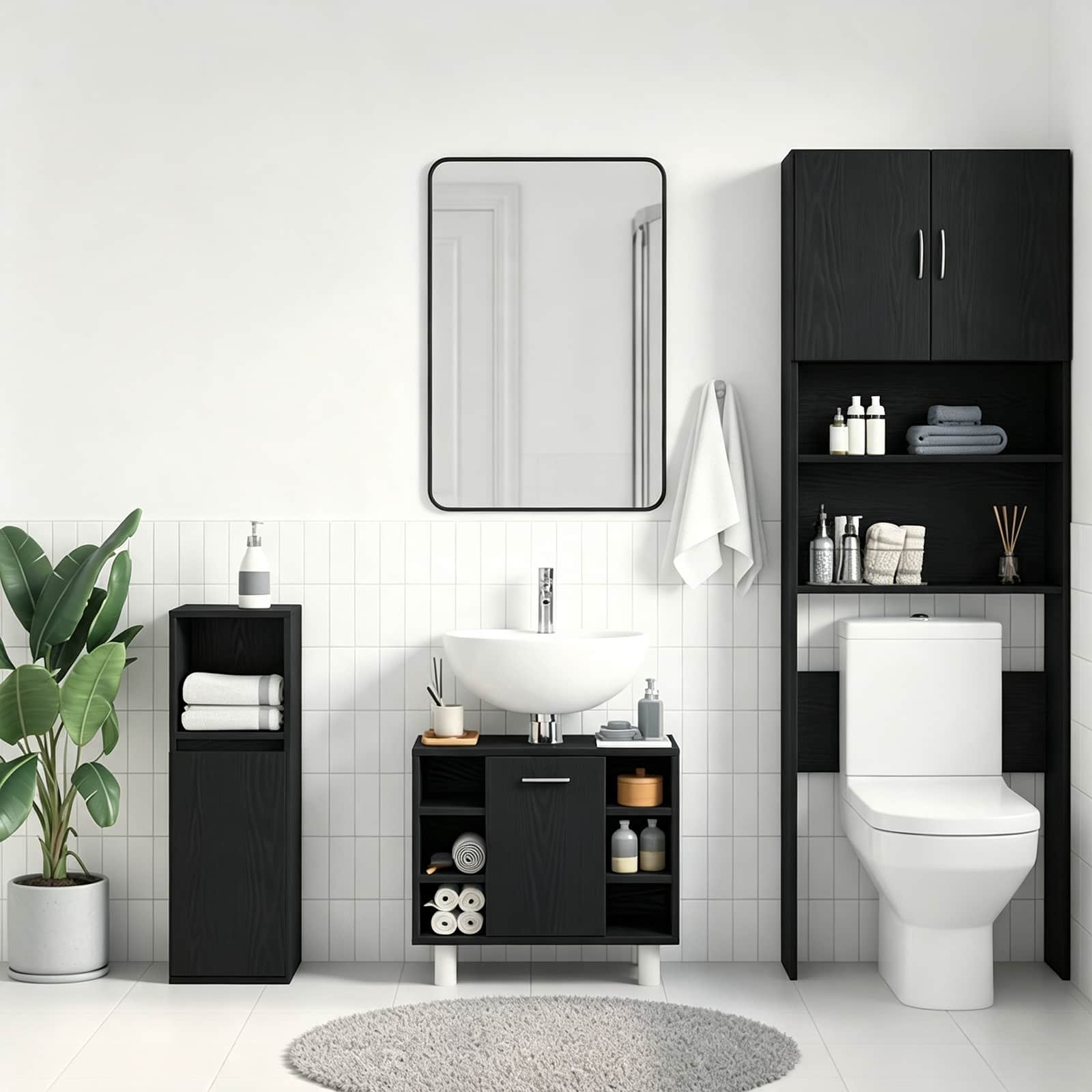 Badezimmerschrank Schwarz Eichen-Optik 60 x 32 x 54 cm