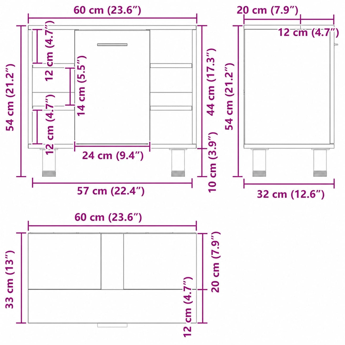 Badezimmerschrank Schwarz Eichen-Optik 60 x 32 x 54 cm
