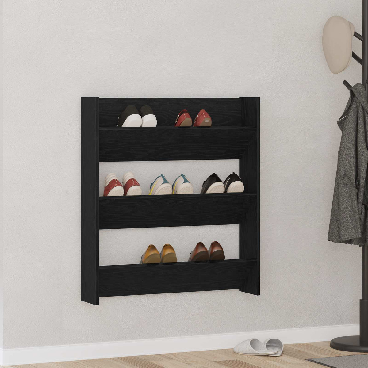 Schuhschrank 80 x 18 x 90 cm Holzwerkstoff Schwarz Eichen-Optik