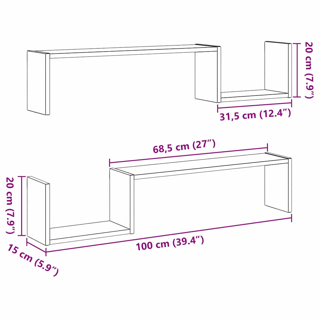 Wandregal 2 stk. Schwarz Eichen-Optik 100 x 15 x 20 cm