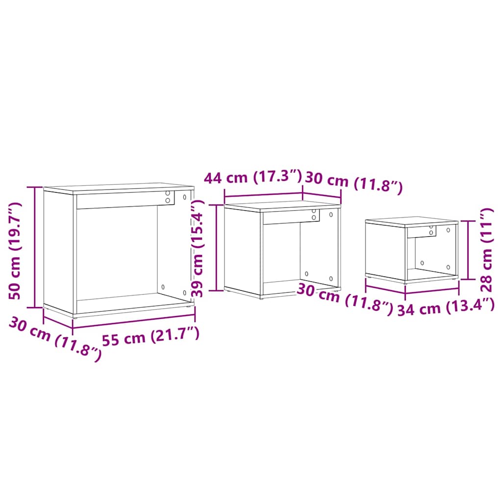 Nestingtisch 3 stk. Schwarz Eichen-Optik 55 x 30 x 50 cm