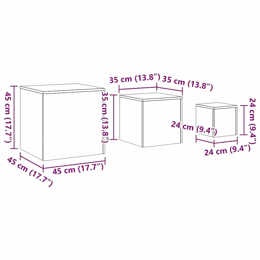 Nestingtisch 3 stk. Schwarz Eichen-Optik 45 x 45 x 45 cm