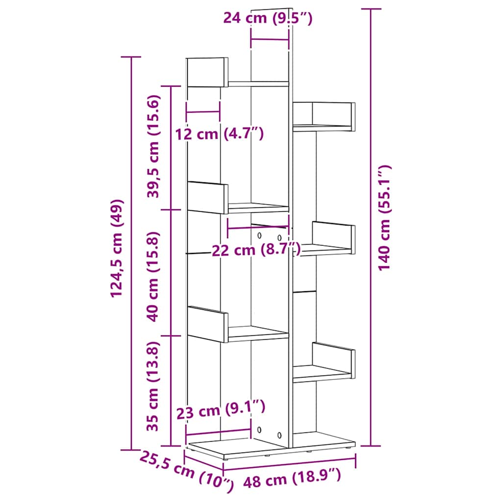 Bücherregal Schwarze Eiche 48 x 25.5 x 140 cm Holzwerkstoff
