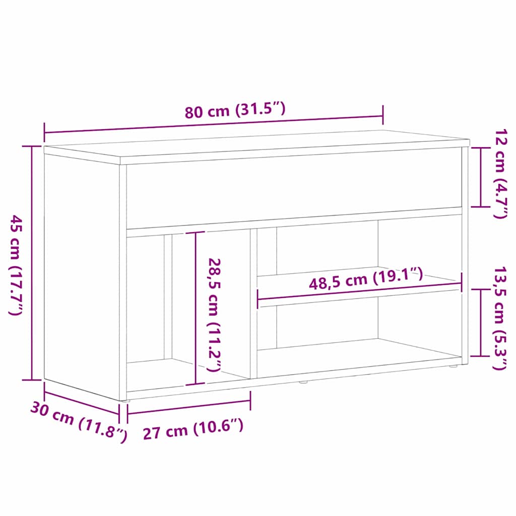 Schuhbank 80 x 30 x 45 cm Holzwerkstoff Schwarz Eichen-Optik