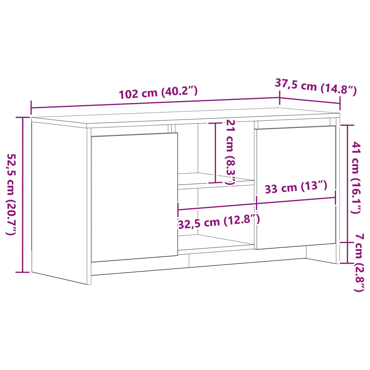 TV-Schränk 102 x 37,5 x 52,5 cm Schwarz Eichen-Optik