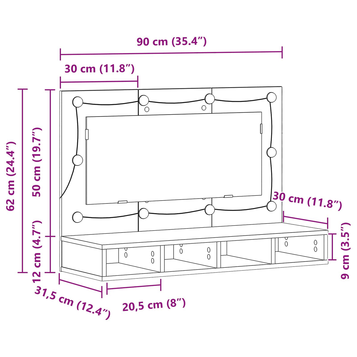 Spiegelschrank Schwarz Eichen-Optik 90 x 31,5 x 62 cm