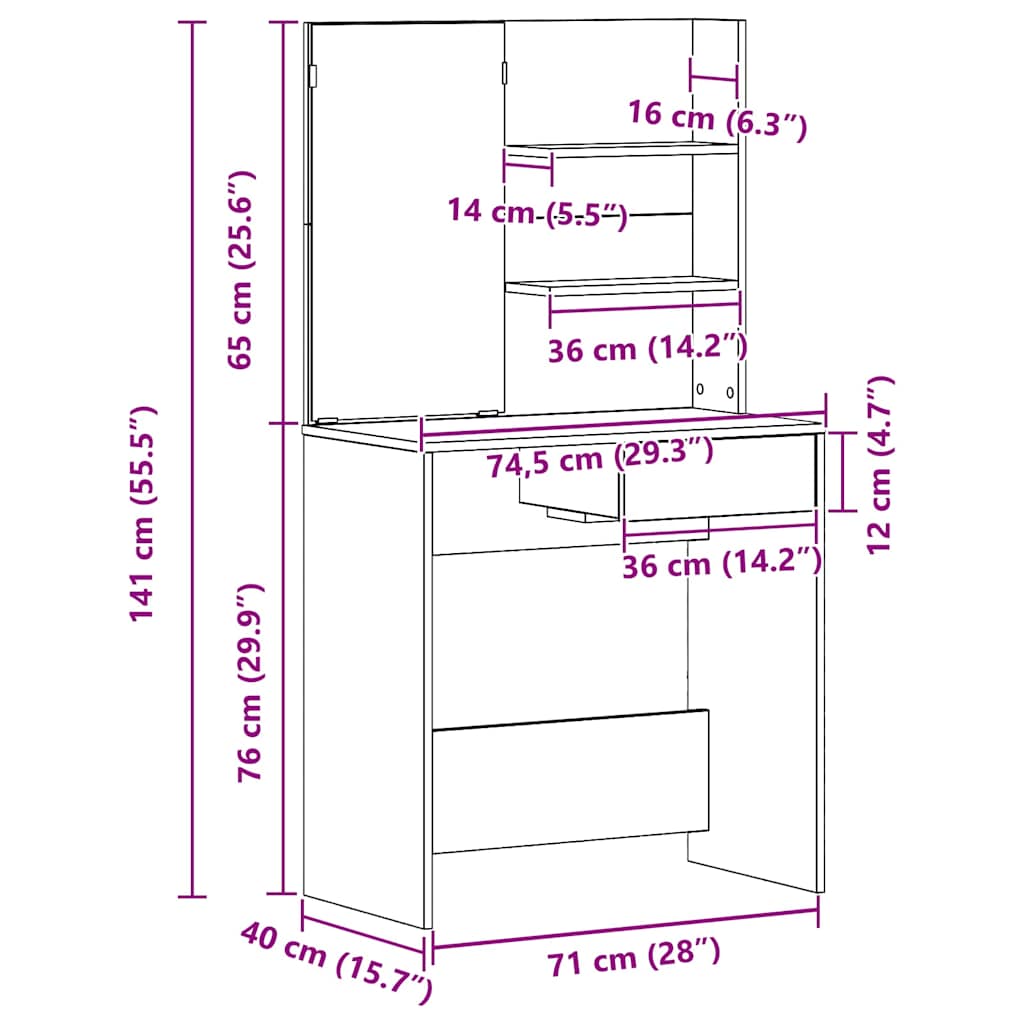 Schminktisch mit Regal Schwarz Eichen-Optik 74.5 x 40 x 141 cm