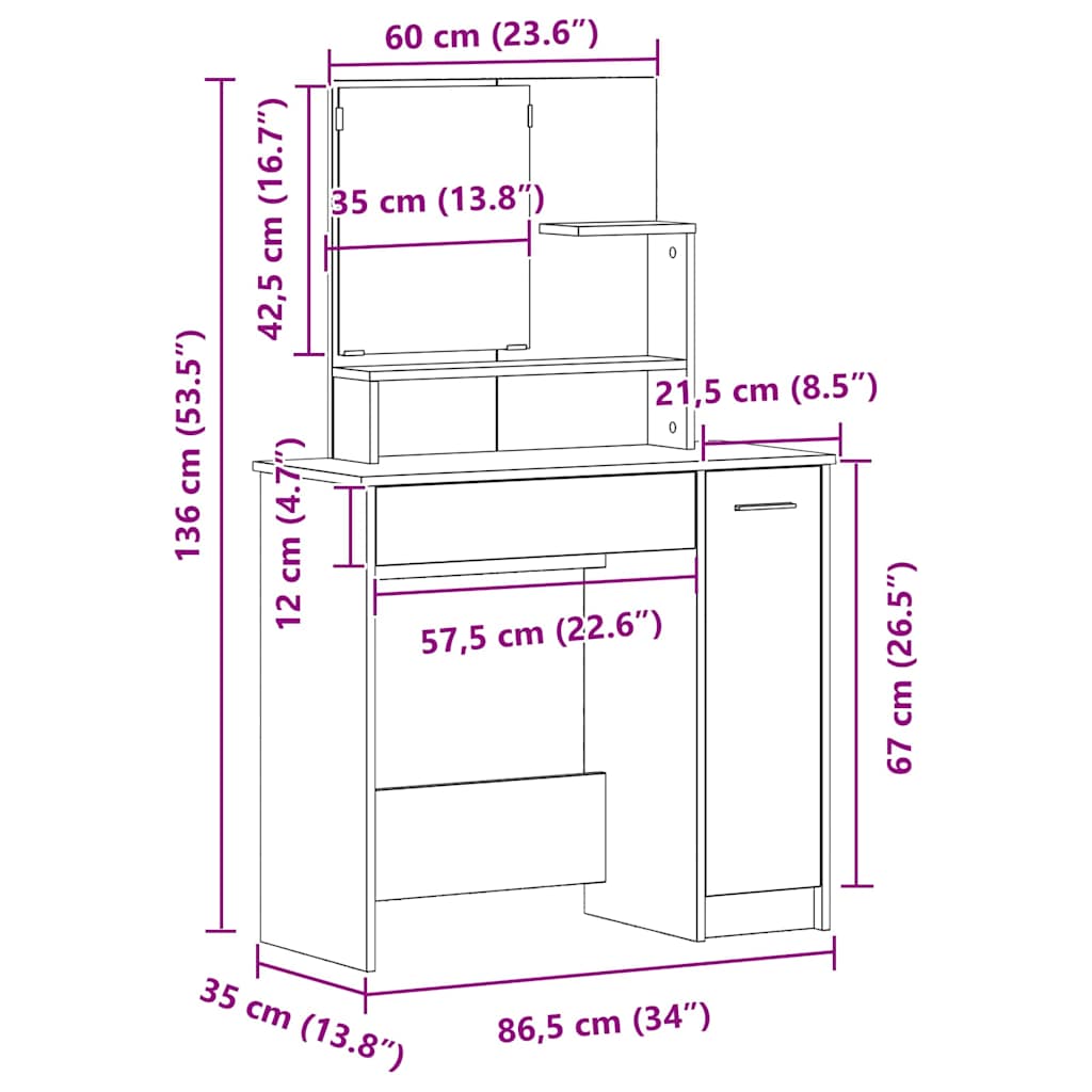 Schminktisch Schwarz Eichen-Optik 86.5 x 35 x 136 cm