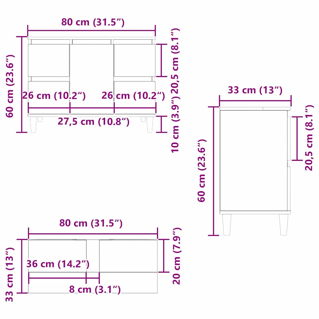 Waschbeckenschrank Schwarz Eichen-Optik 80 x 33 x 60 cm