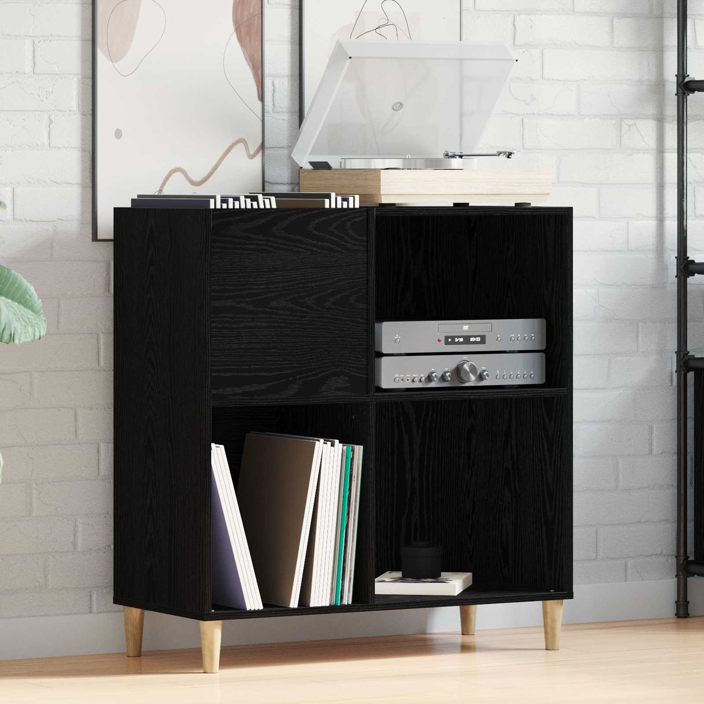 Schallplattenschrank Schwarz Eichen-Optik 84,5 x 38 x 89 cm