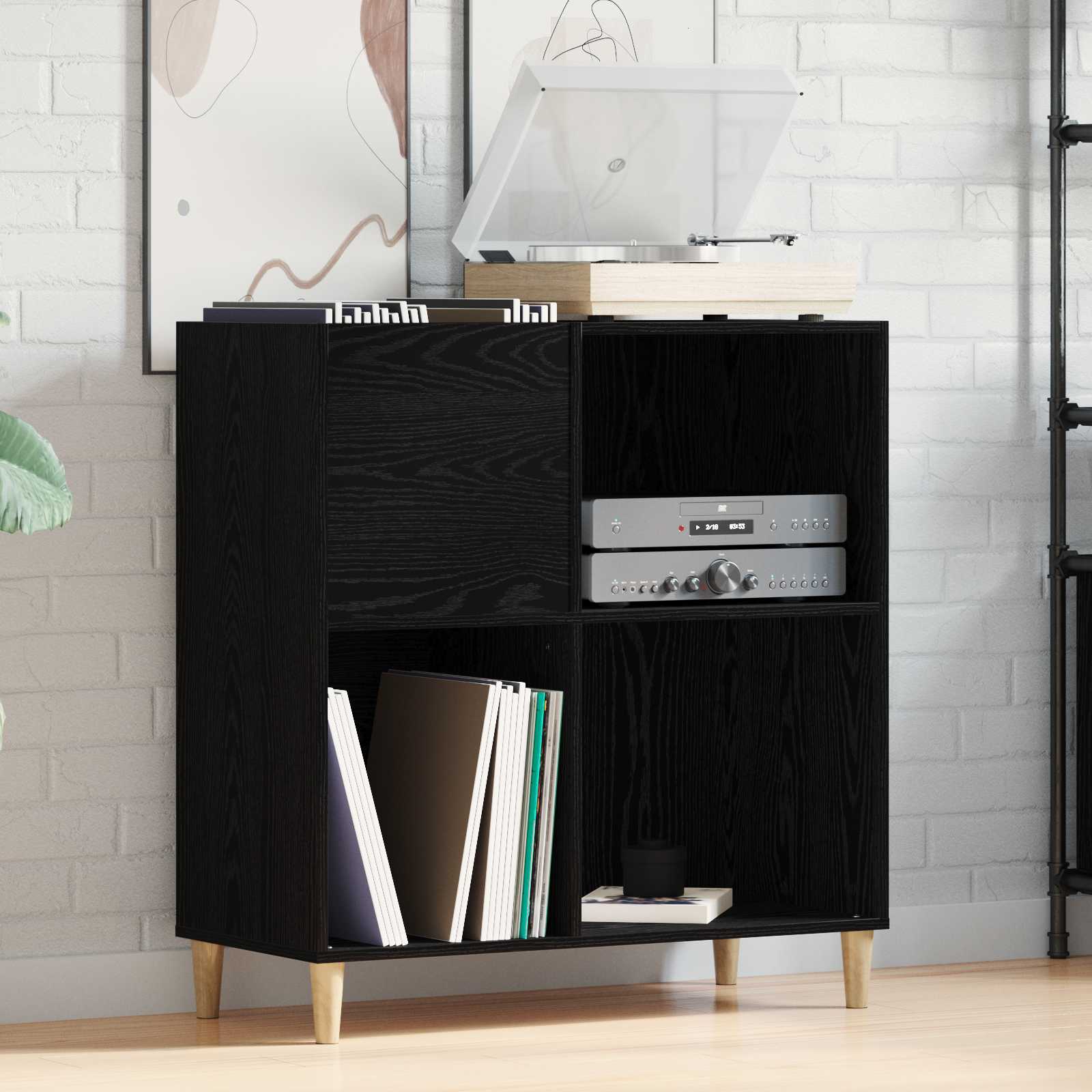 Schallplattenschrank Schwarz Eichen-Optik 84,5 x 38 x 89 cm