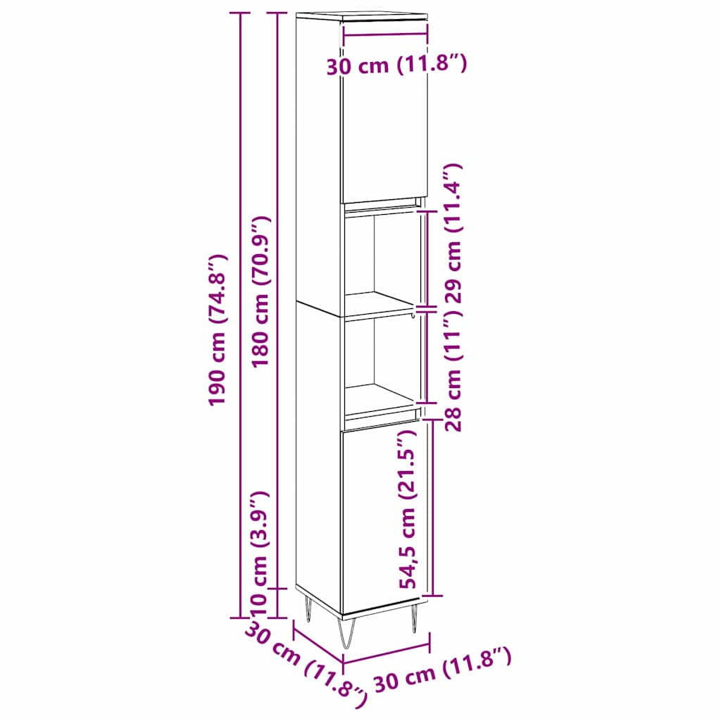 Badezimmerschrank Schwarz Eichen-Optik 30 x 30 x 190 cm