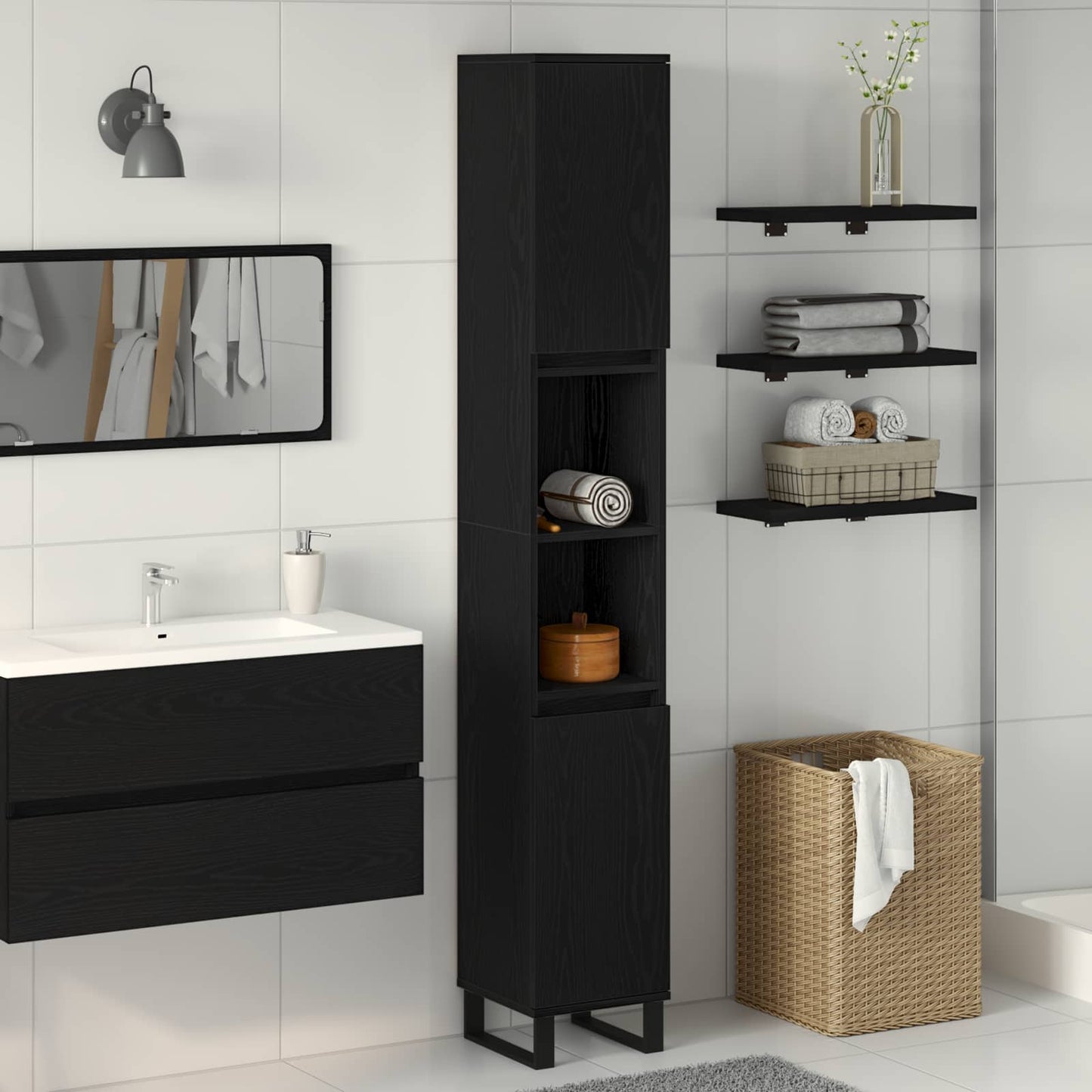 Badezimmerschrank Schwarz Eichen-Optik 30 x 30 x 190 cm