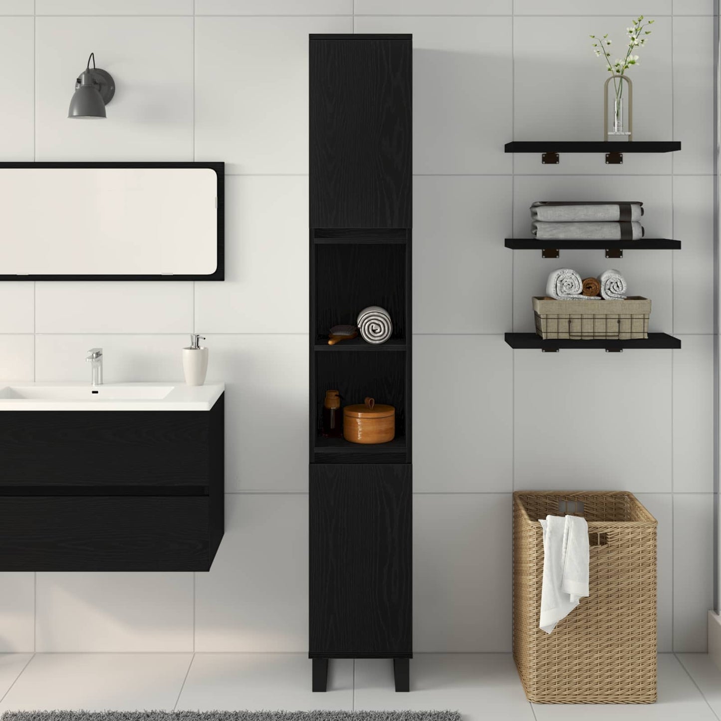 Badezimmerschrank Schwarz Eichen-Optik 30 x 30 x 190 cm