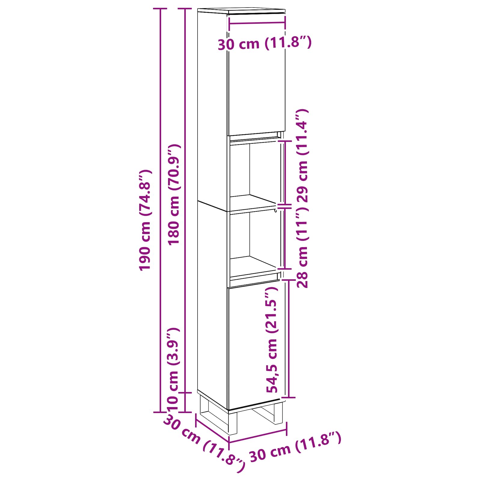 Badezimmerschrank Schwarz Eichen-Optik 30 x 30 x 190 cm