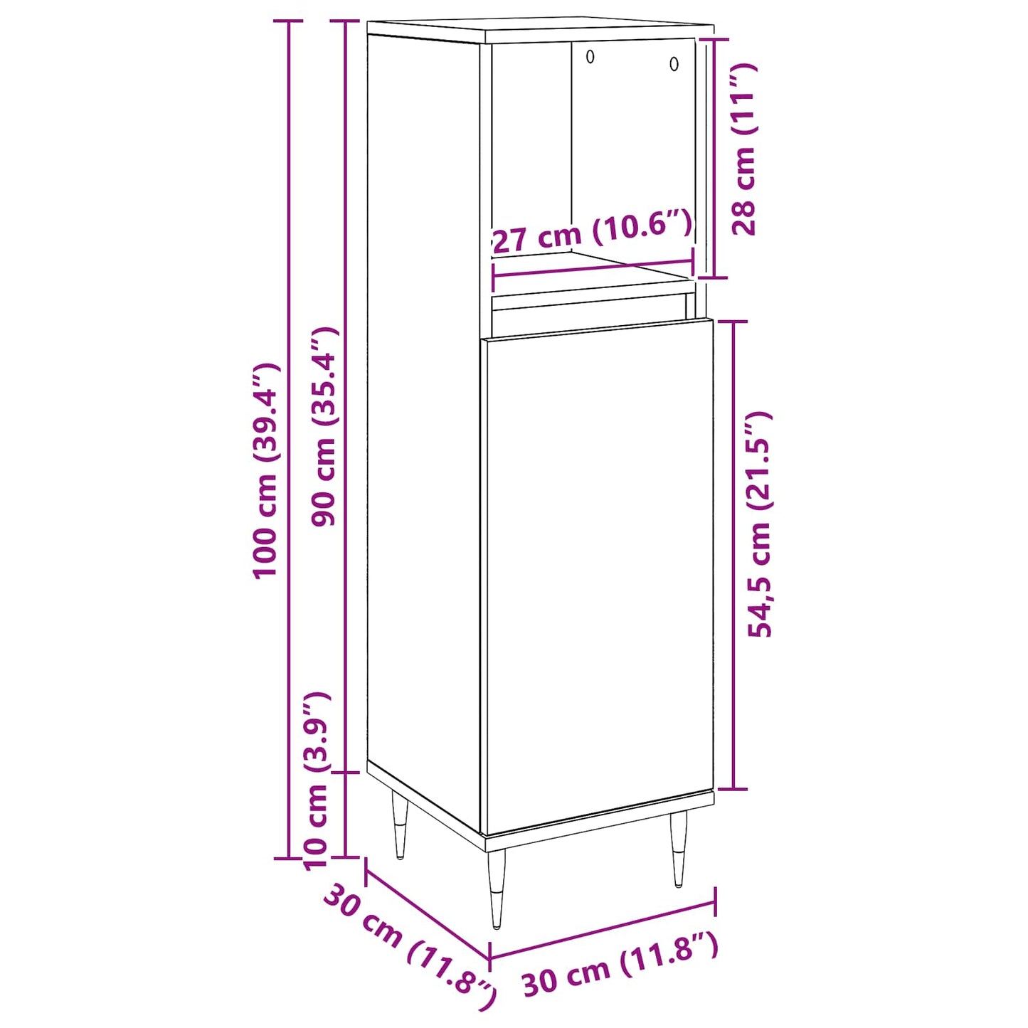 Badezimmerschrank Schwarz Eichen-Optik 30 x 30 x 100 cm