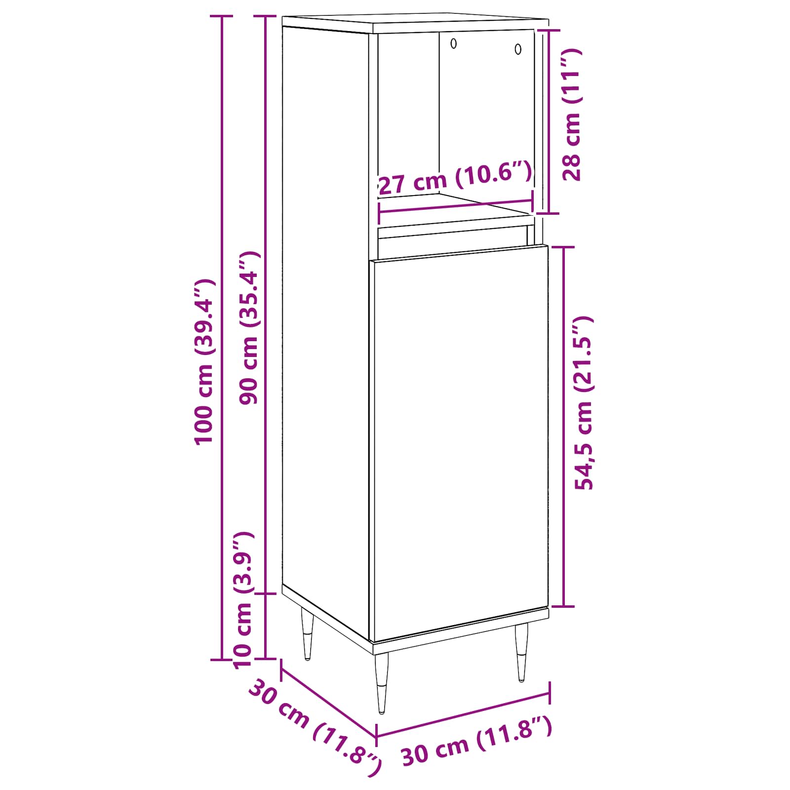 Badezimmerschrank Schwarz Eichen-Optik 30 x 30 x 100 cm