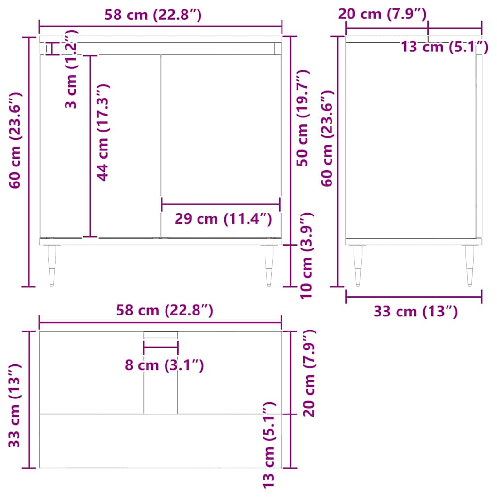 Waschbeckenschrank Schwarz Eichen-Optik 58 x 33 x 60 cm