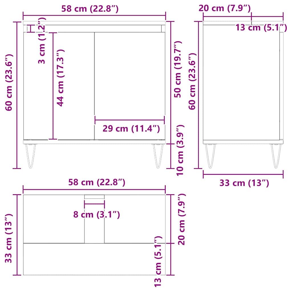 Waschbeckenschrank Schwarz Eichen-Optik 58 x 33 x 60 cm