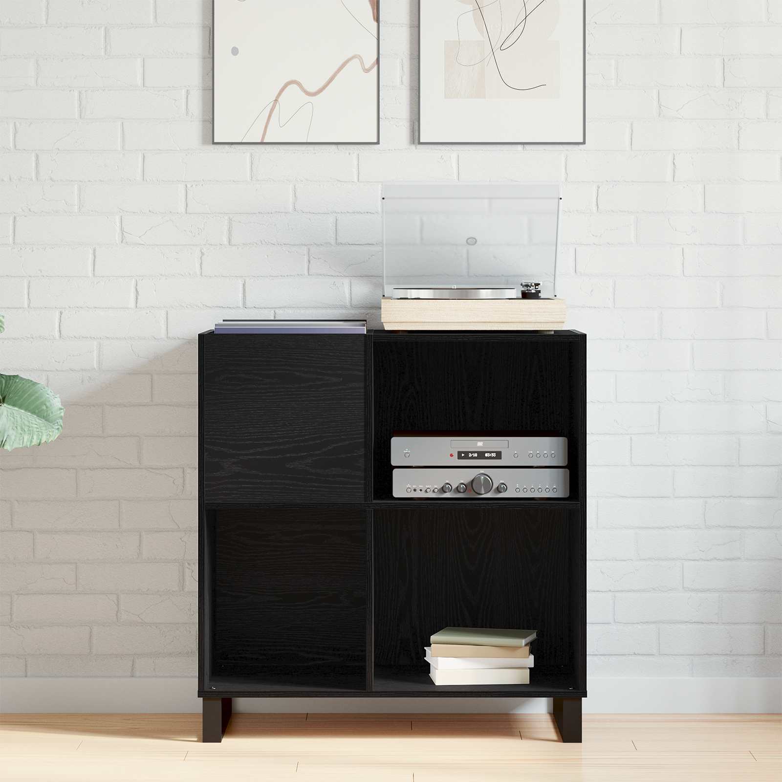Schallplattenschrank Schwarz Eichen-Optik 84,5 x 38 x 89 cm