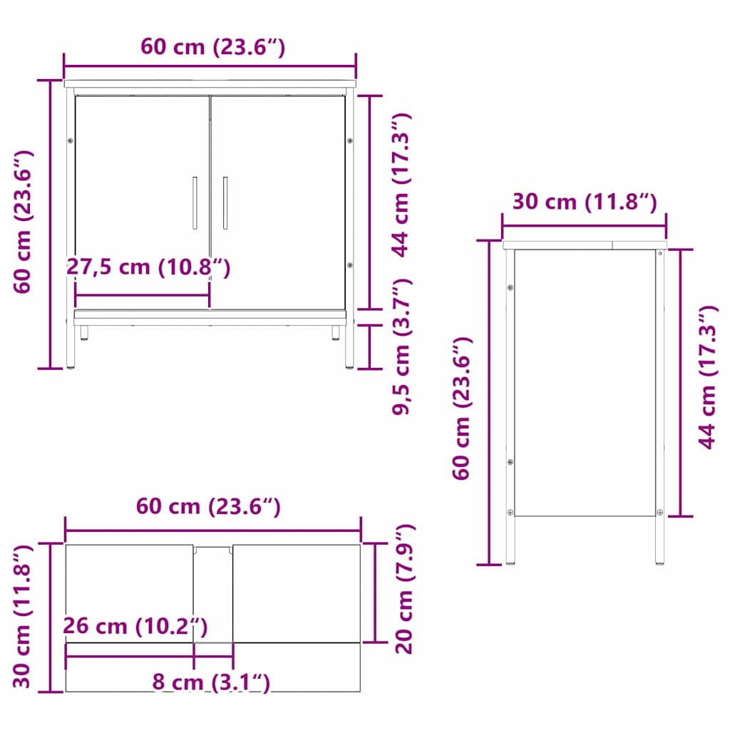 Waschbeckenschrank Schwarz Eichen-Optik 60 x 30 x 60 cm