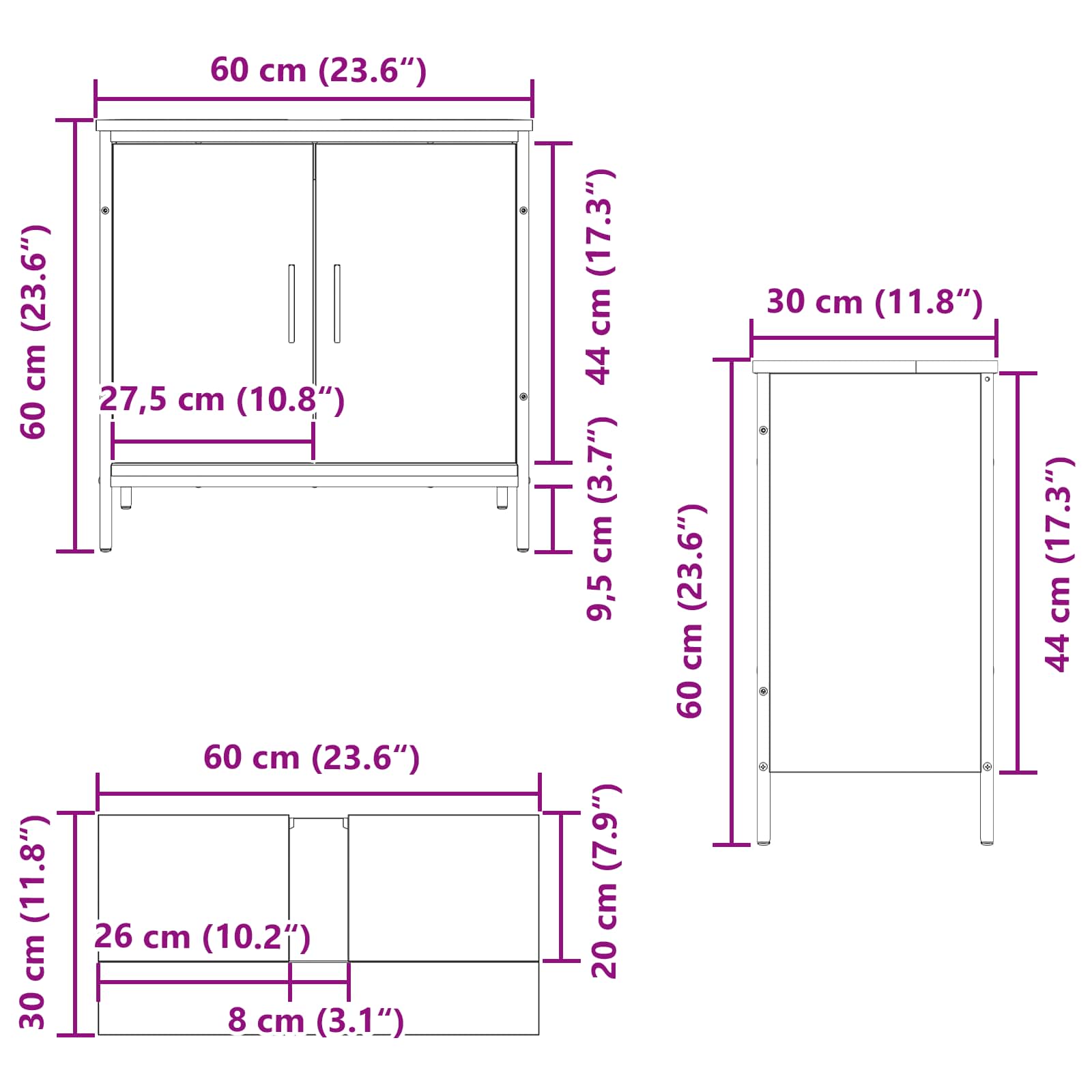 Waschbeckenschrank Schwarz Eichen-Optik 60 x 30 x 60 cm