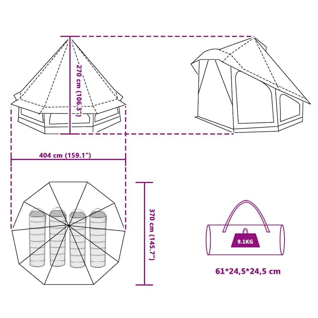 Tipi Zelt mit Dach mit Speicher Grün 404 x 370 x 270 cm Taft