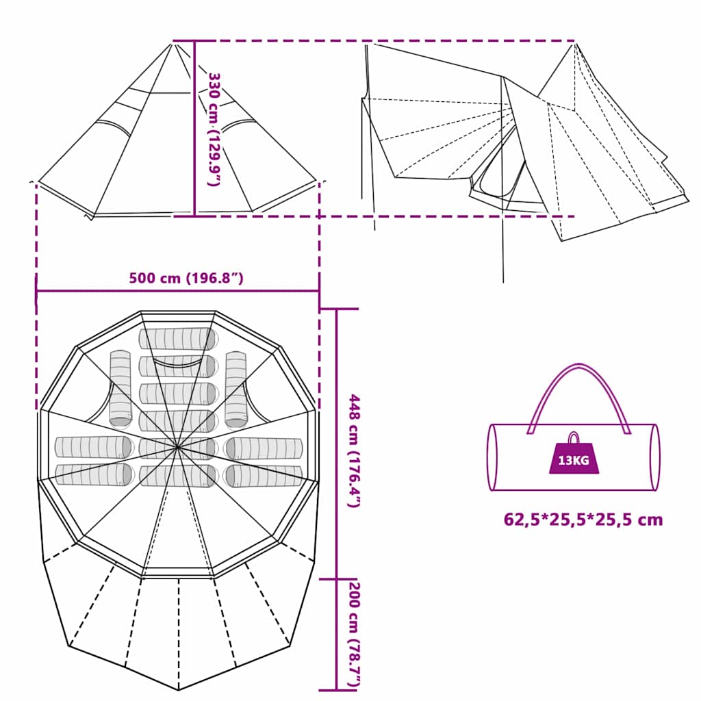 Familien-Tipi-Zelt mit Dach Grau und Orange 510 x 690 x 330 cm